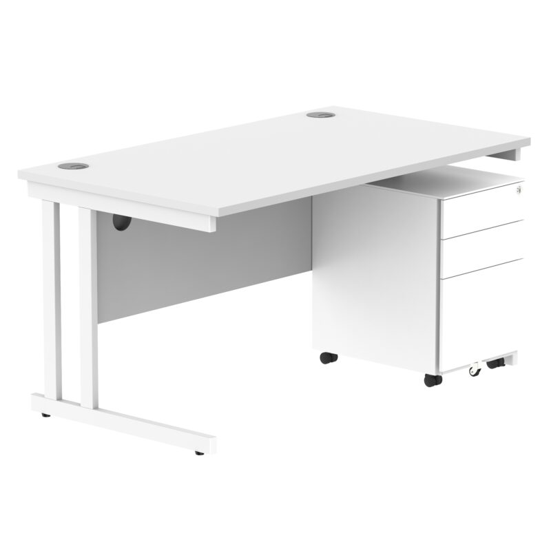 Double Upright Rectangular Desk + Under Desk Steel Pedestal 3 Drawers | 1400X800 | Arctic White/White