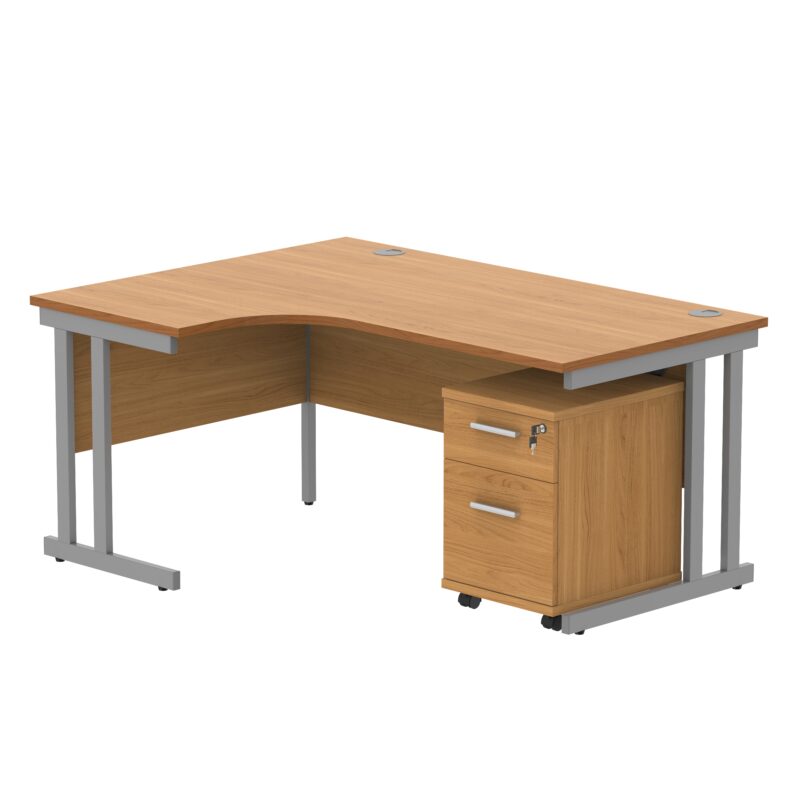 Double Upright Left Hand Radial Desk + 2 Drawer Mobile Under Desk Pedestal | 1600X1200 | Norwegian Beech/Silver