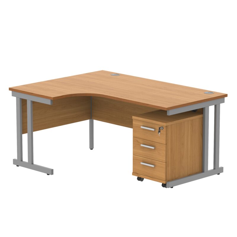 Double Upright Left Hand Radial Desk + 3 Drawer Mobile Under Desk Pedestal | 1600X1200 | Norwegian Beech/Silver