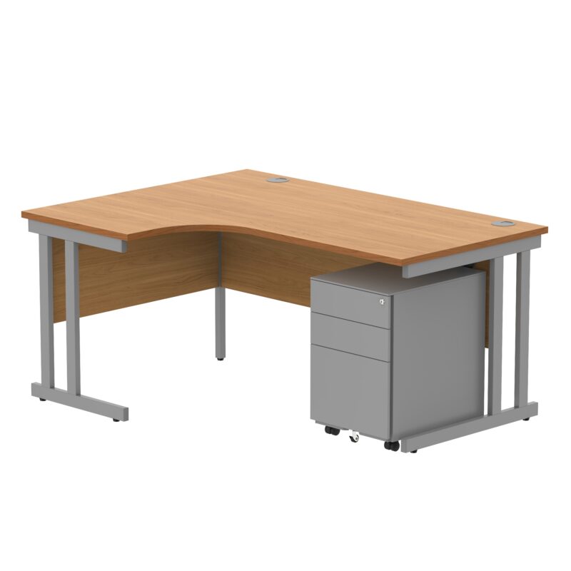 Double Upright Left Hand Radial Desk + Under Desk Steel Pedestal 3 Drawers | 1600X1200 | Norwegian Beech/Silver