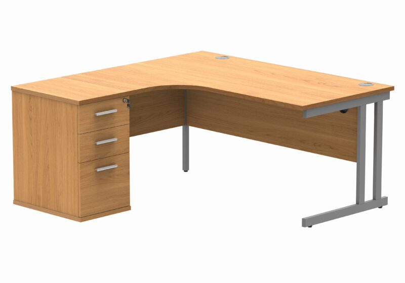 Double Upright Left Hand Radial Desk + Desk High Pedestal | 600mm Deep Pedestal | 1600X1200 | Norwegian Beech/Silver