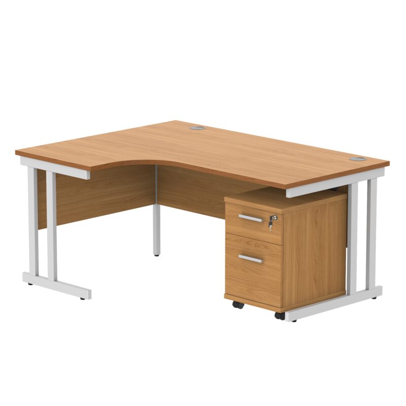 Double Upright Left Hand Radial Desk + 2 Drawer Mobile Under Desk Pedestal | 1600X1200 | Norwegian Beech/White