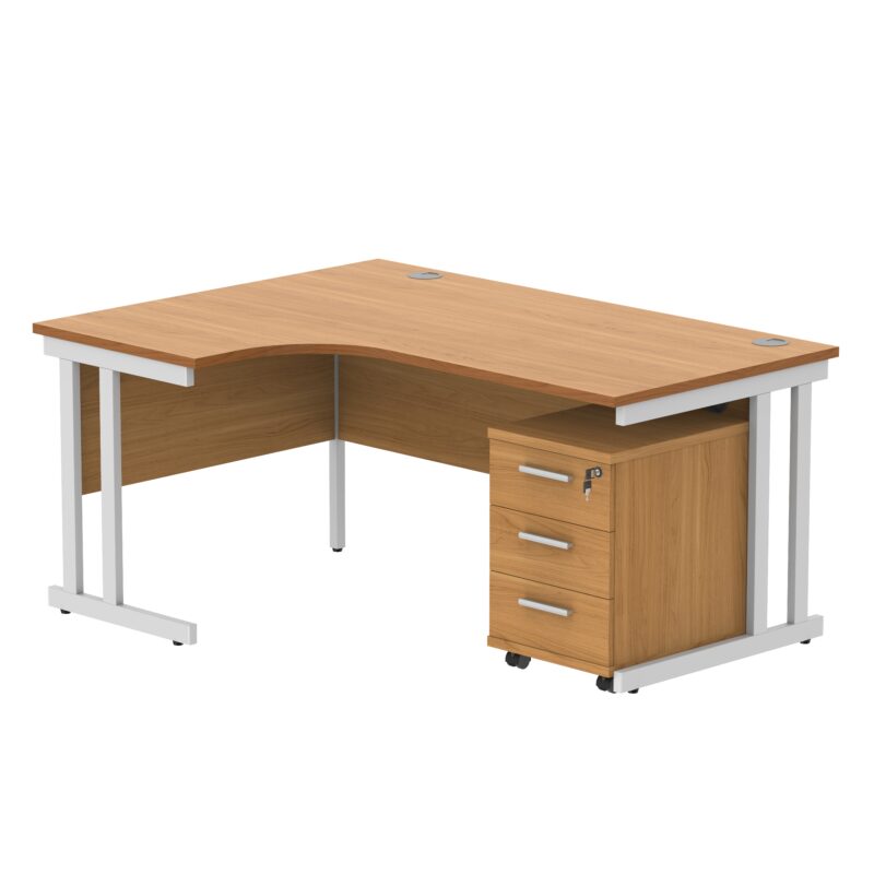 Double Upright Left Hand Radial Desk + 3 Drawer Mobile Under Desk Pedestal | 1600X1200 | Norwegian Beech/White