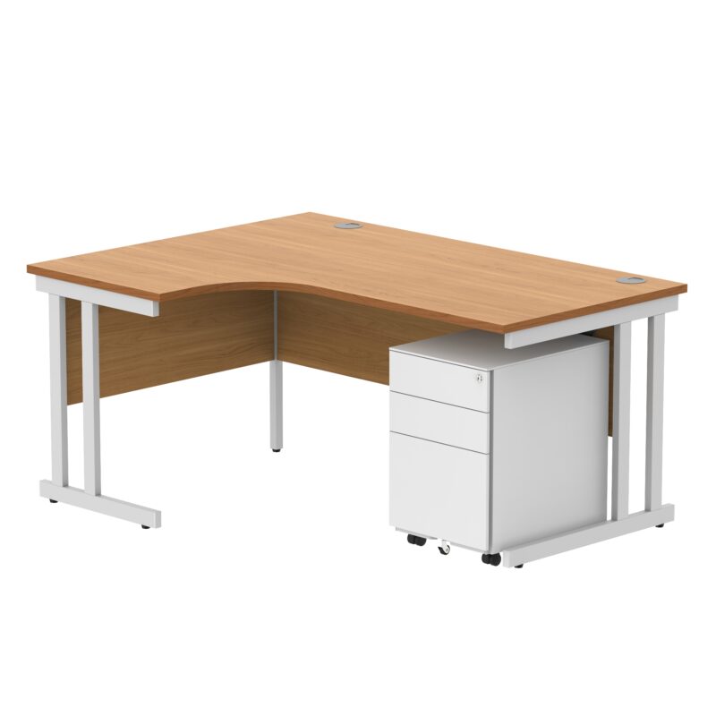 Double Upright Left Hand Radial Desk + Under Desk Steel Pedestal 3 Drawers | 1600X1200 | Norwegian Beech/White