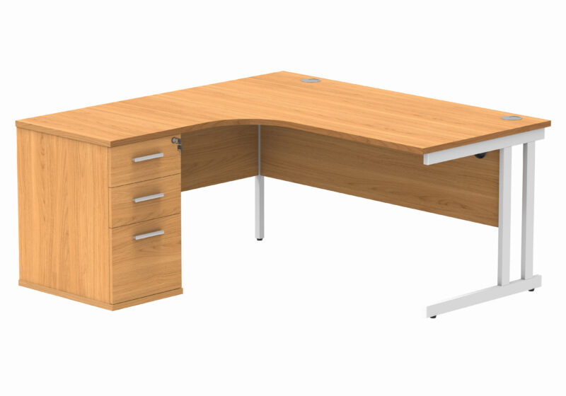 Double Upright Left Hand Radial Desk + Desk High Pedestal | 600mm Deep Pedestal | 1600X1200 | Norwegian Beech/White