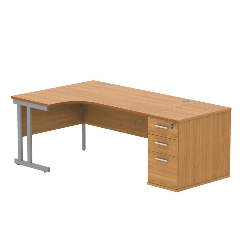 Double Upright Left Hand Radial Desk + Desk High Pedestal | 800mm Deep Pedestal | 1600X1200 | Norwegian Beech/Silver