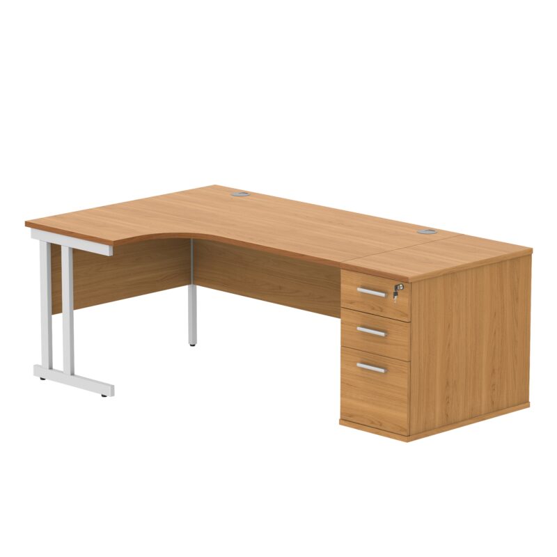 Double Upright Left Hand Radial Desk + Desk High Pedestal | 800mm Deep Pedestal | 1600X1200 | Norwegian Beech/White