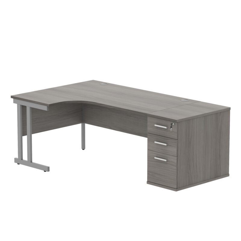 Double Upright Left Hand Radial Desk + Desk High Pedestal | 800mm Deep Pedestal | 1600X1200 | Alaskan Grey Oak/Silver