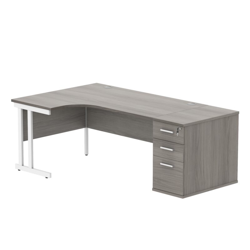 Double Upright Left Hand Radial Desk + Desk High Pedestal | 800mm Deep Pedestal | 1600X1200 | Alaskan Grey Oak/White