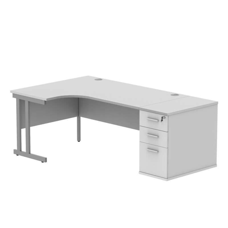 Double Upright Left Hand Radial Desk + Desk High Pedestal | 800mm Deep Pedestal | 1600X1200 | Arctic White/Silver