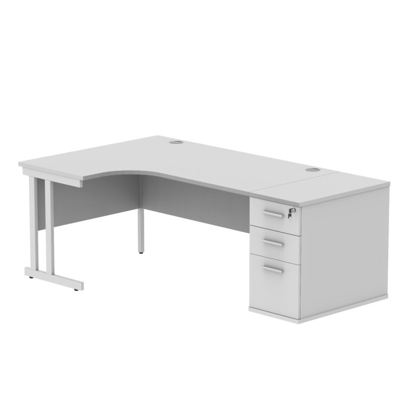 Double Upright Left Hand Radial Desk + Desk High Pedestal | 800mm Deep Pedestal | 1600X1200 | Arctic White/White