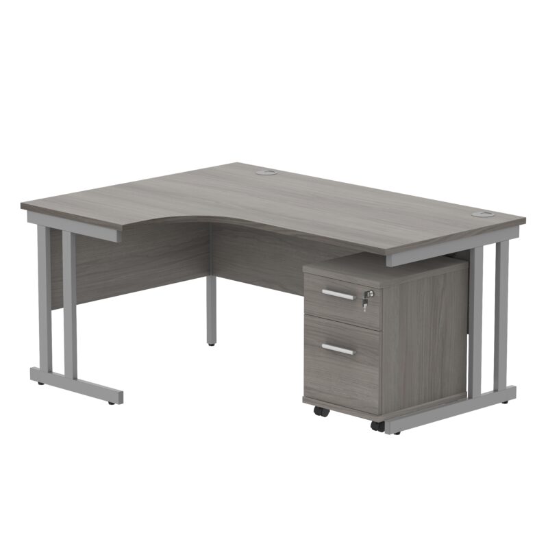 Double Upright Left Hand Radial Desk + 2 Drawer Mobile Under Desk Pedestal | 1600X1200 | Alaskan Grey Oak/Silver