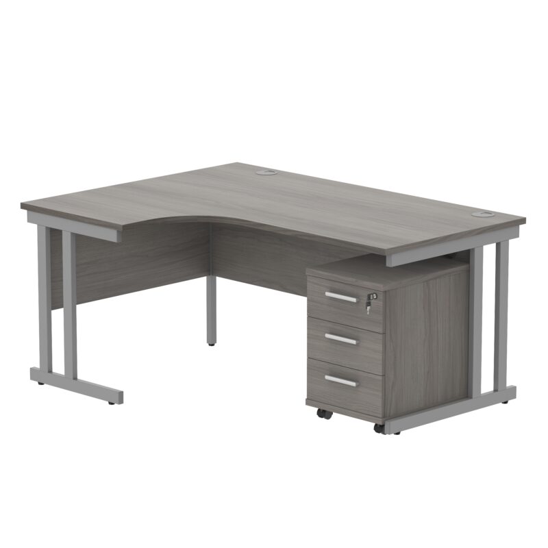 Double Upright Left Hand Radial Desk + 3 Drawer Mobile Under Desk Pedestal | 1600X1200 | Alaskan Grey Oak/Silver