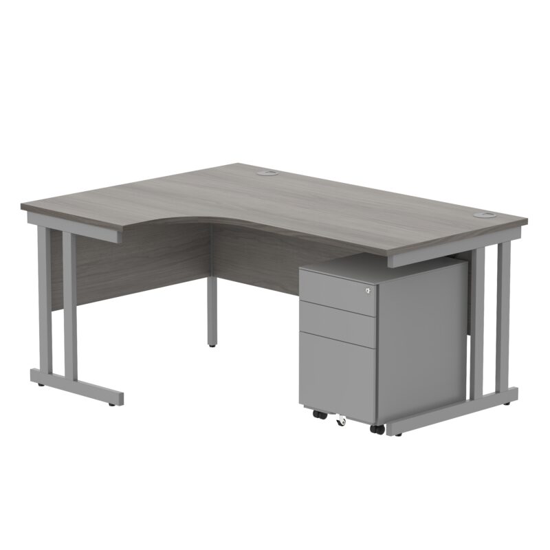 Double Upright Left Hand Radial Desk + Under Desk Steel Pedestal 3 Drawers | 1600X1200 | Alaskan Grey Oak/Silver