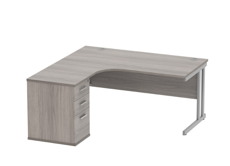 Double Upright Left Hand Radial Desk + Desk High Pedestal | 600mm Deep Pedestal | 1600X1200 | Alaskan Grey Oak/Silver