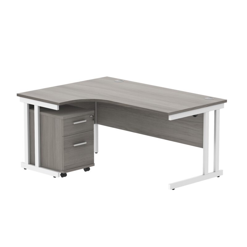 Double Upright Left Hand Radial Desk + 2 Drawer Mobile Under Desk Pedestal | 1600X1200 | Alaskan Grey Oak/White