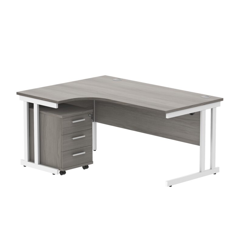 Double Upright Left Hand Radial Desk + 3 Drawer Mobile Under Desk Pedestal | 1600X1200 | Alaskan Grey Oak/White