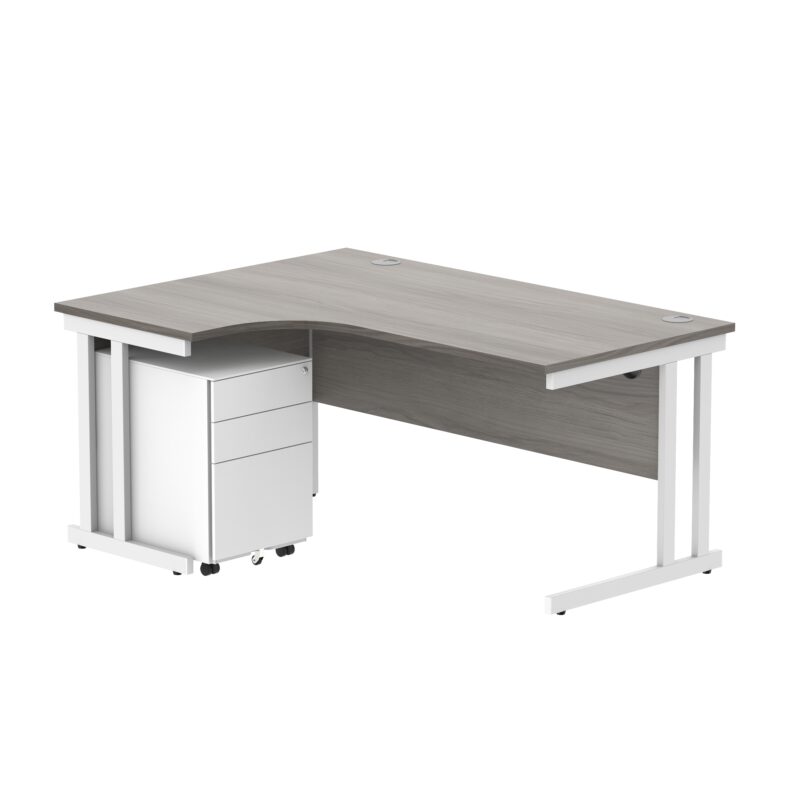 Double Upright Left Hand Radial Desk + Under Desk Steel Pedestal 3 Drawers | 1600X1200 | Alaskan Grey Oak/White