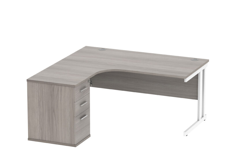 Double Upright Left Hand Radial Desk + Desk High Pedestal | 600mm Deep Pedestal | 1600X1200 | Alaskan Grey Oak/White