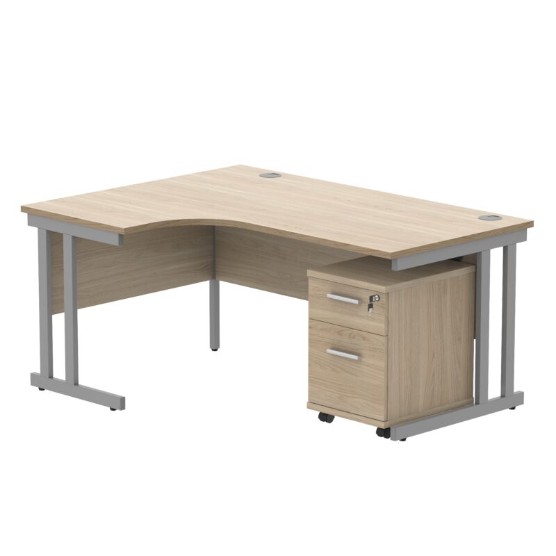 Double Upright Left Hand Radial Desk + 2 Drawer Mobile Under Desk Pedestal | 1600X1200 | Canadian Oak/Silver