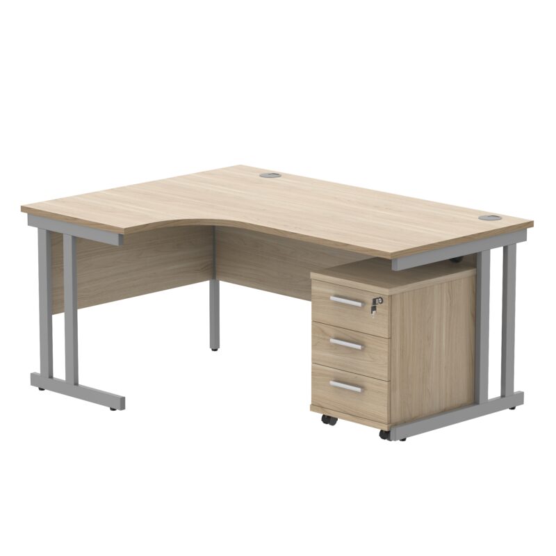 Double Upright Left Hand Radial Desk + 3 Drawer Mobile Under Desk Pedestal | 1600X1200 | Canadian Oak/Silver