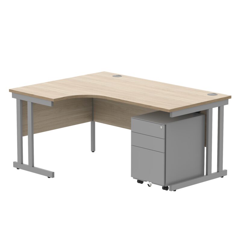 Double Upright Left Hand Radial Desk + Under Desk Steel Pedestal 3 Drawers | 1600X1200 | Canadian Oak/Silver