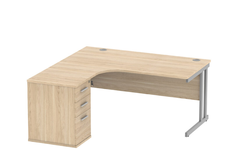 Double Upright Left Hand Radial Desk + Desk High Pedestal | 600mm Deep Pedestal | 1600X1200 | Canadian Oak/Silver