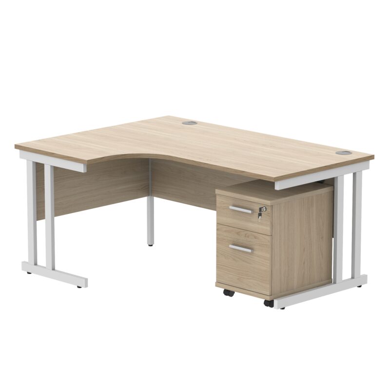 Double Upright Left Hand Radial Desk + 2 Drawer Mobile Under Desk Pedestal | 1600X1200 | Canadian Oak/White