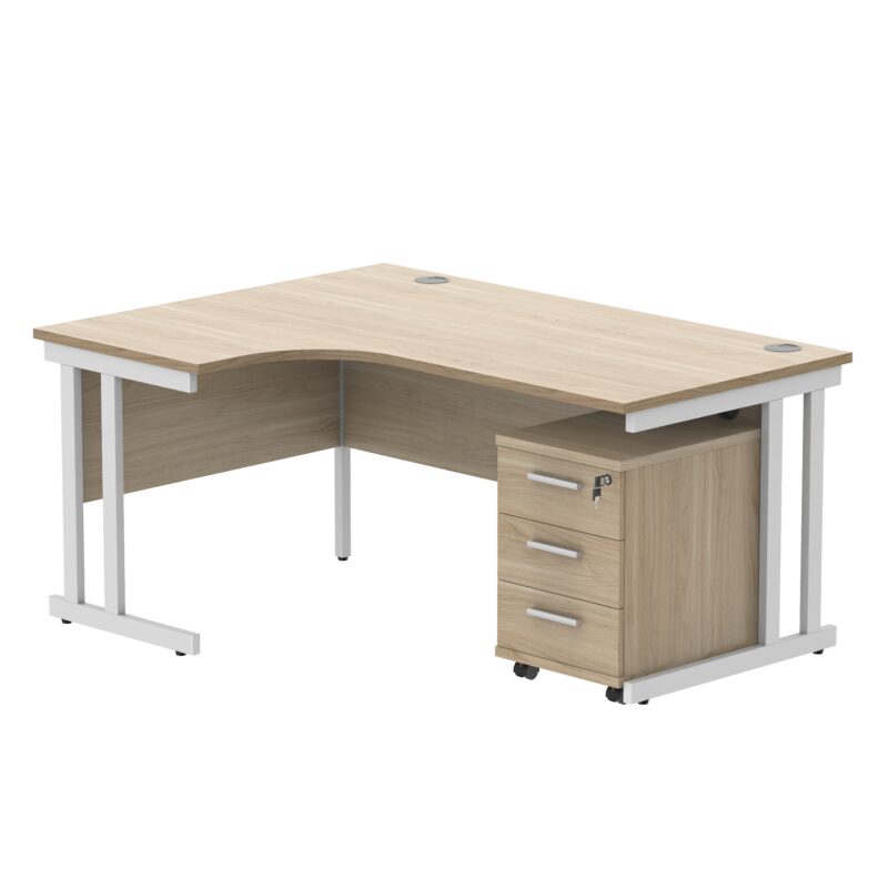 Double Upright Left Hand Radial Desk + 3 Drawer Mobile Under Desk Pedestal | 1600X1200 | Canadian Oak/White