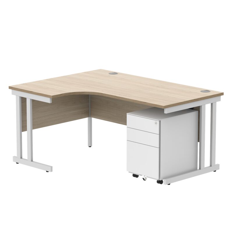 Double Upright Left Hand Radial Desk + Under Desk Steel Pedestal 3 Drawers | 1600X1200 | Canadian Oak/White