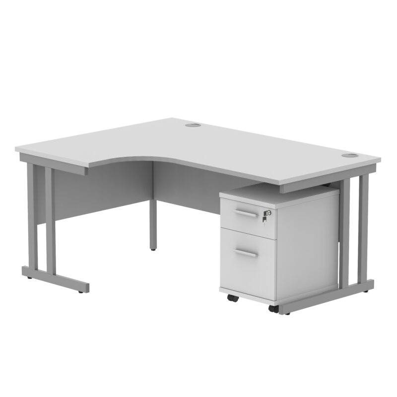 Double Upright Left Hand Radial Desk + 2 Drawer Mobile Under Desk Pedestal | 1600X1200 | Arctic White/Silver