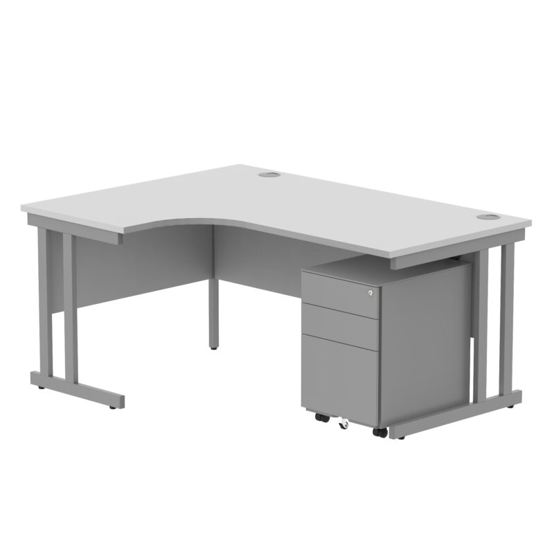 Double Upright Left Hand Radial Desk + Under Desk Steel Pedestal 3 Drawers | 1600X1200 | Arctic White/Silver