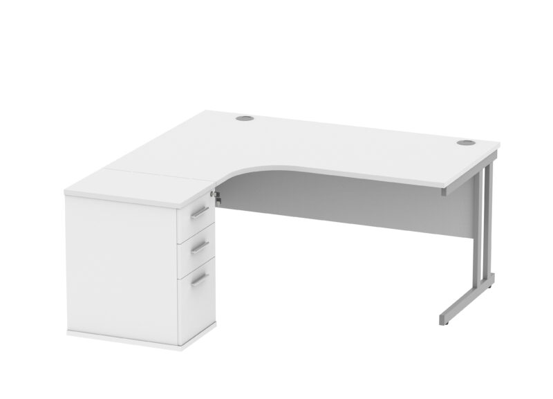 Double Upright Left Hand Radial Desk + Desk High Pedestal | 600mm Deep Pedestal | 1600X1200 | Arctic White/Silver