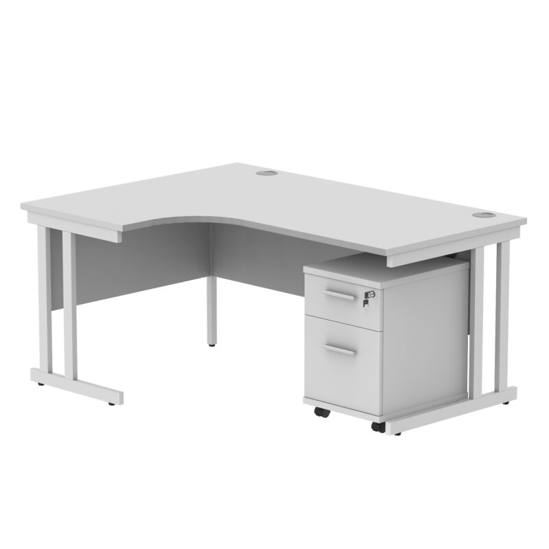 Double Upright Left Hand Radial Desk + 2 Drawer Mobile Under Desk Pedestal | 1600X1200 | Arctic White/White