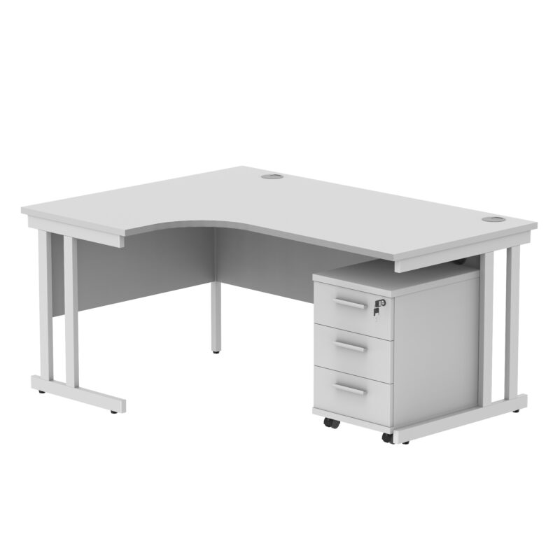 Double Upright Left Hand Radial Desk + 3 Drawer Mobile Under Desk Pedestal | 1600X1200 | Arctic White/White