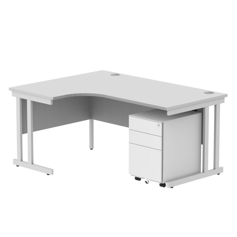 Double Upright Left Hand Radial Desk + Under Desk Steel Pedestal 3 Drawers | 1600X1200 | Arctic White/White