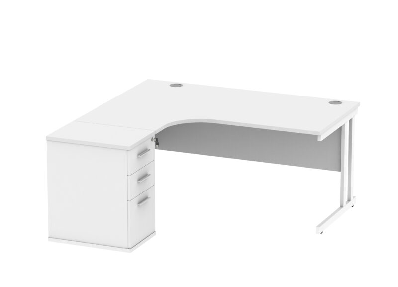 Double Upright Left Hand Radial Desk + Desk High Pedestal | 600mm Deep Pedestal | 1600X1200 | Arctic White/White