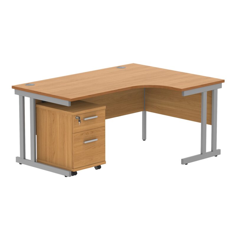 Double Upright Right Hand Radial Desk + 2 Drawer Mobile Under Desk Pedestal | 1600X1200 | Norwegian Beech/Silver