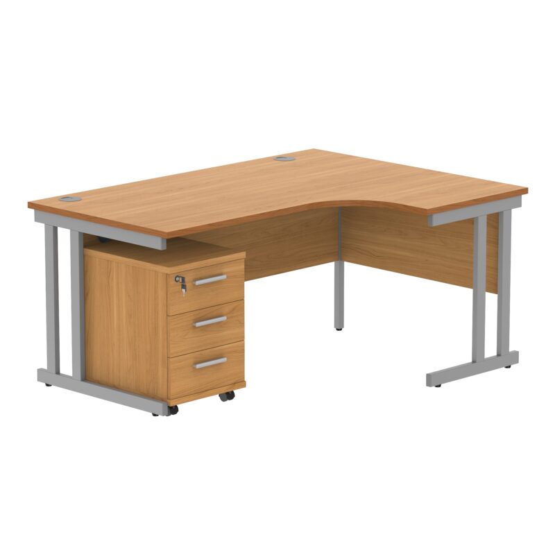 Double Upright Right Hand Radial Desk + 3 Drawer Mobile Under Desk Pedestal | 1600X1200 | Norwegian Beech/Silver