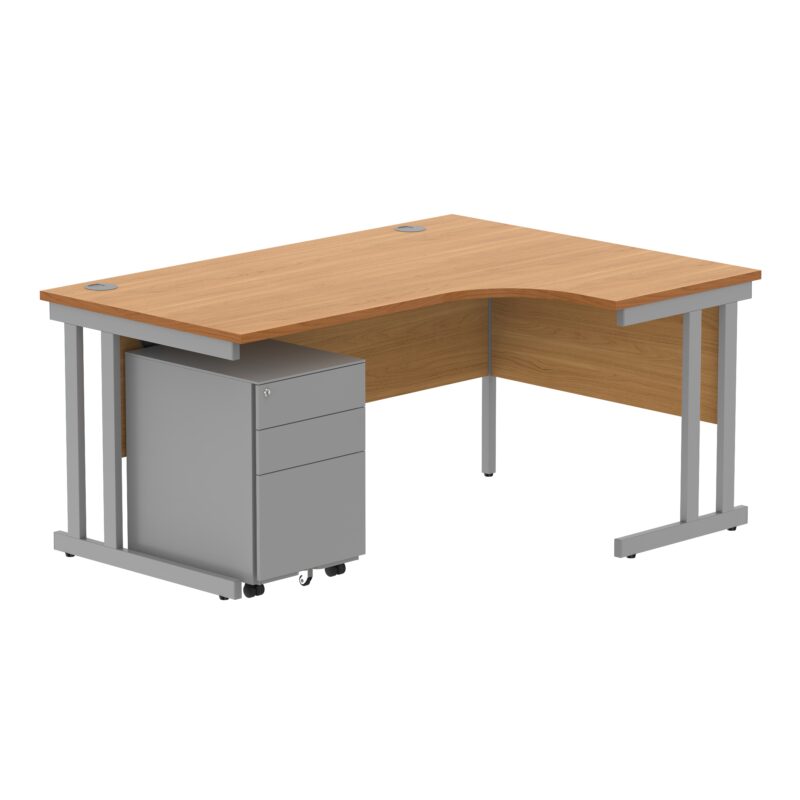 Double Upright Right Hand Radial Desk + Under Desk Steel Pedestal 3 Drawers | 1600X1200 | Norwegian Beech/Silver