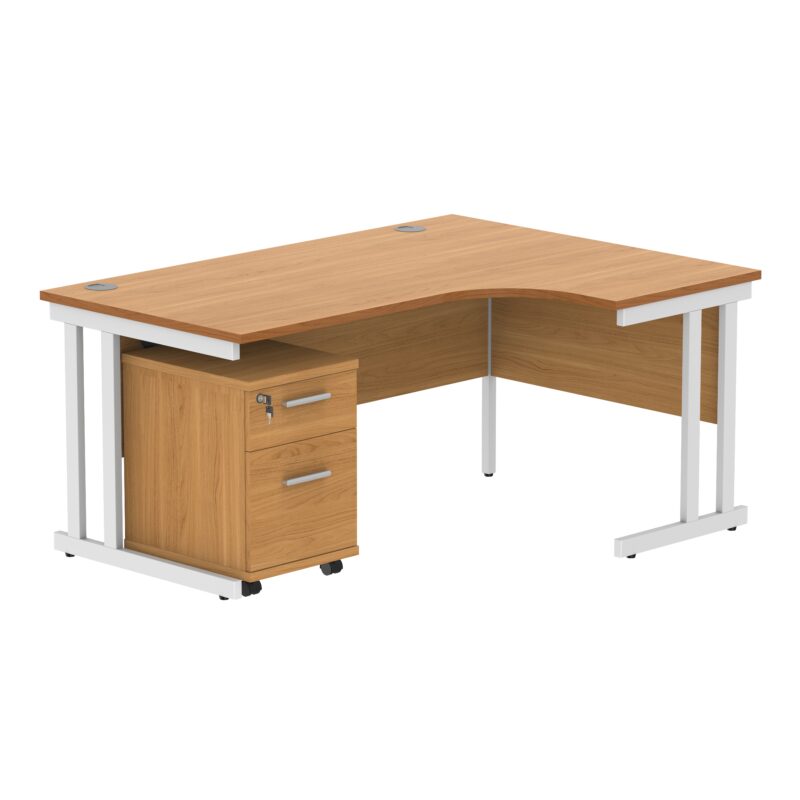 Double Upright Right Hand Radial Desk + 2 Drawer Mobile Under Desk Pedestal | 1600X1200 | Norwegian Beech/White