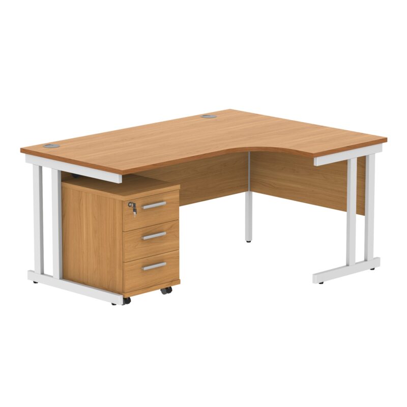 Double Upright Right Hand Radial Desk + 3 Drawer Mobile Under Desk Pedestal | 1600X1200 | Norwegian Beech/White