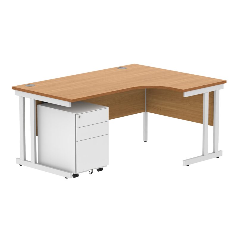 Double Upright Right Hand Radial Desk + Under Desk Steel Pedestal 3 Drawers | 1600X1200 | Norwegian Beech/White