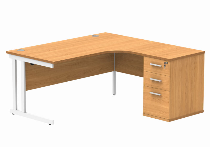 Double Upright Right Hand Radial Desk + Desk High Pedestal | 600mm Deep Pedestal | 1600X1200 | Norwegian Beech/White