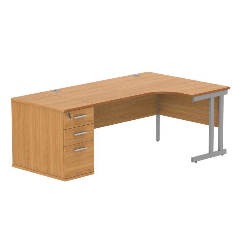 Double Upright Right Hand Radial Desk + Desk High Pedestal | 800mm Deep Pedestal | 1600X1200 | Norwegian Beech/Silver