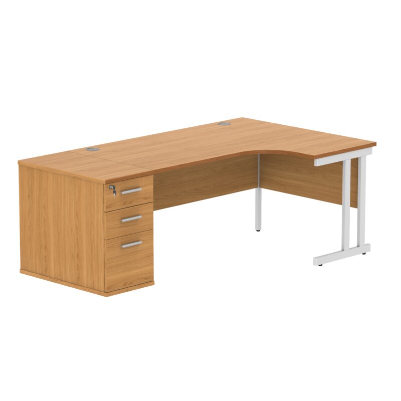 Double Upright Right Hand Radial Desk + Desk High Pedestal | 800mm Deep Pedestal | 1600X1200 | Norwegian Beech/White