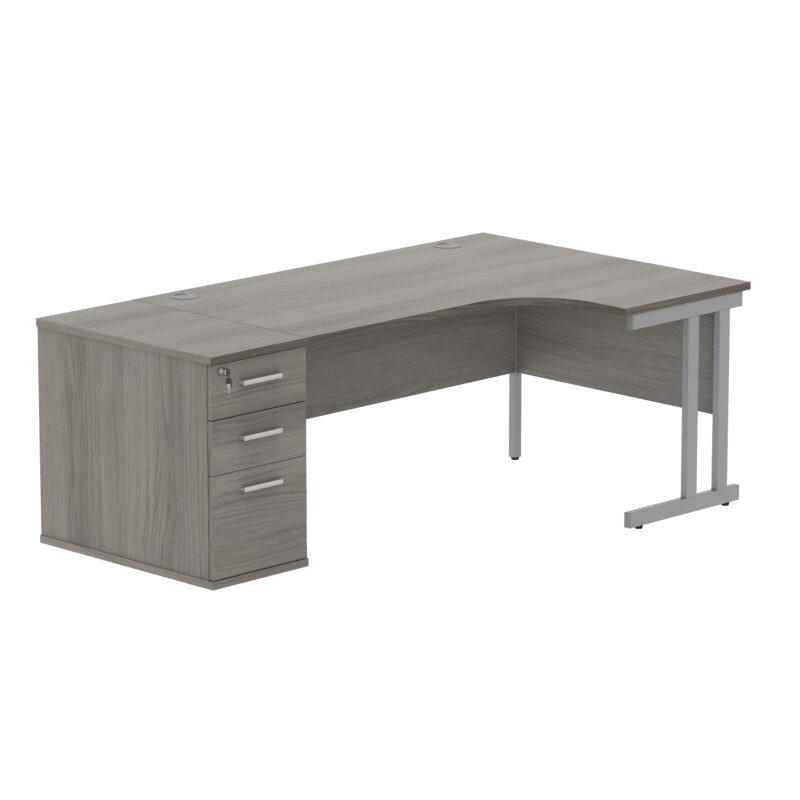 Double Upright Right Hand Radial Desk + Desk High Pedestal | 800mm Deep Pedestal | 1600X1200 | Alaskan Grey Oak/Silver