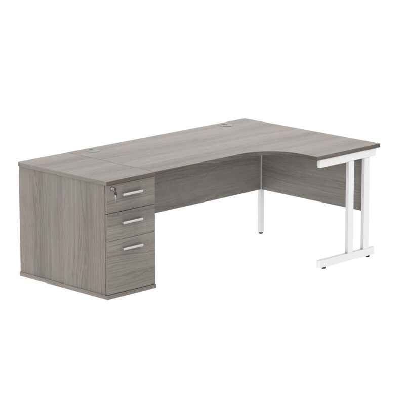 Double Upright Right Hand Radial Desk + Desk High Pedestal | 800mm Deep Pedestal | 1600X1200 | Alaskan Grey Oak/White