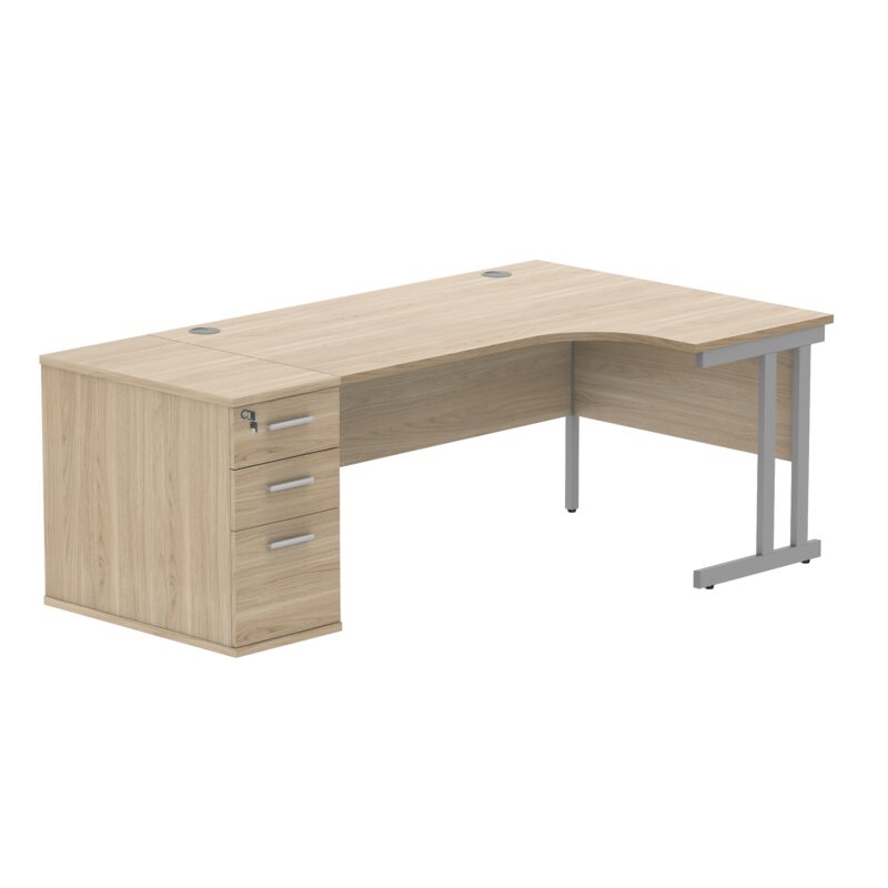 Double Upright Right Hand Radial Desk + Desk High Pedestal | 800mm Deep Pedestal | 1600X1200 | Canadian Oak/Silver