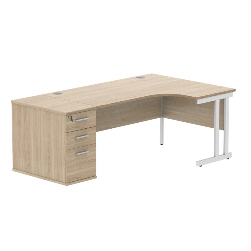 Double Upright Right Hand Radial Desk + Desk High Pedestal | 800mm Deep Pedestal | 1600X1200 | Canadian Oak/White